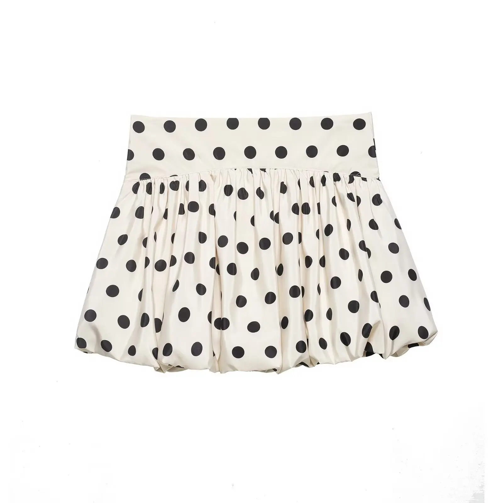 Cream White Large Polka Dot Bubble Mini Skirt High Waist Skirt Satin Fabric Cute Flared Skirt For Women Party Street Style MJGM