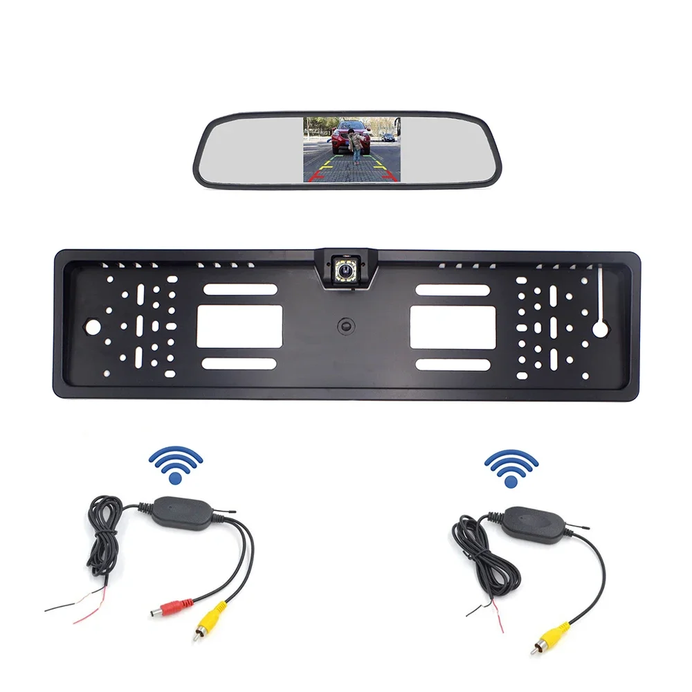 

4.3" Car Mirror Monitor + Wired / Wireless Car Rear View Camera European License Plate Reverse Camera Frame with 12LEDs