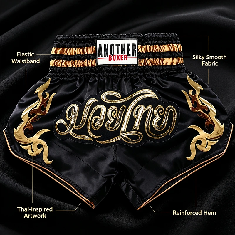 Premium Black Gold Muay Thai Shorts Shiny Satin Boxing Shorts Elastic Wide Waist Fight Shorts for Kickboxing MMA Training Match