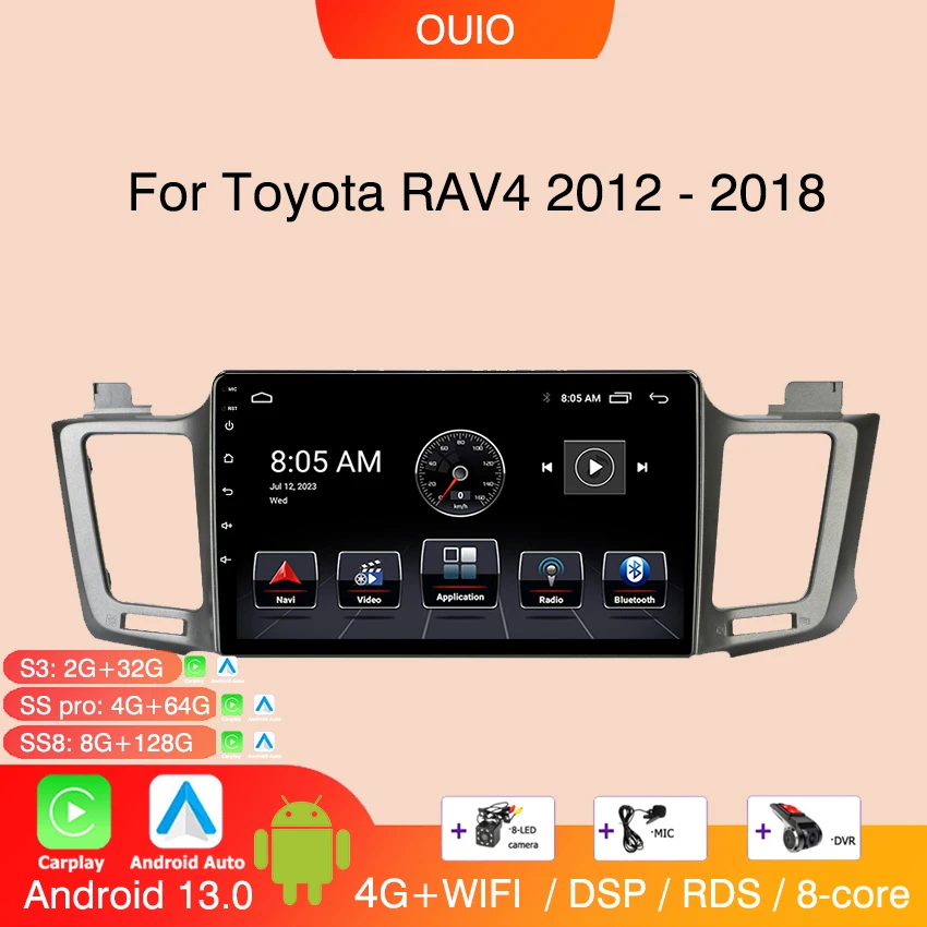 

Магнитола на Android 13 для Toyota RAV4 Rav 4 XA40 2012 2013 2014 2015-2018, автомобильный стерео Мультимедийный Плеер для Carplay, Автомобильный GPS, 2DIN, без DVD