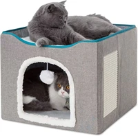Cat Beds For Indoor Cats - Large Cat Cave For Pet Cat House With Fluffy Ball Hanging And Scratch Pad, Foldable Cat Hideaway, 16.5x16.5x13 Inches, Grey 4