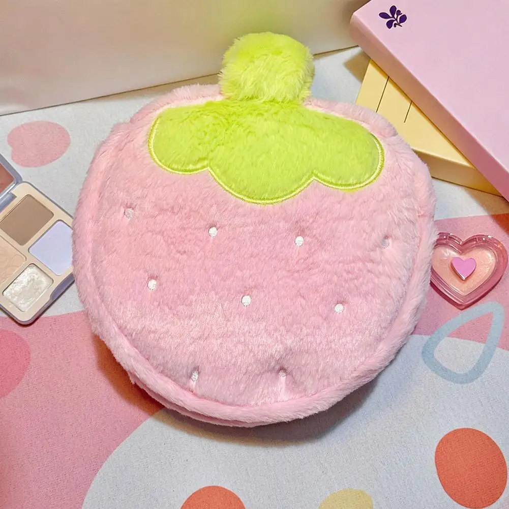 Kawaii Strawberry Plush Makeup Bag Large Capacity Travel Toiletry Organizer Cute Aesthetic Cosmetic Pouch Storage Case Women