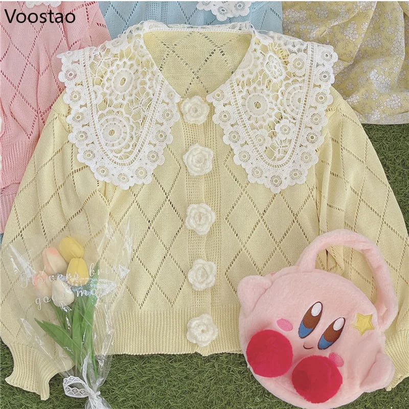 Dolce stile Lolita Cardigan lavorato a maglia donna Kawaii pizzo colletto Peter Pan bottone floreale maglione allentato cappotto ragazze Harajuku