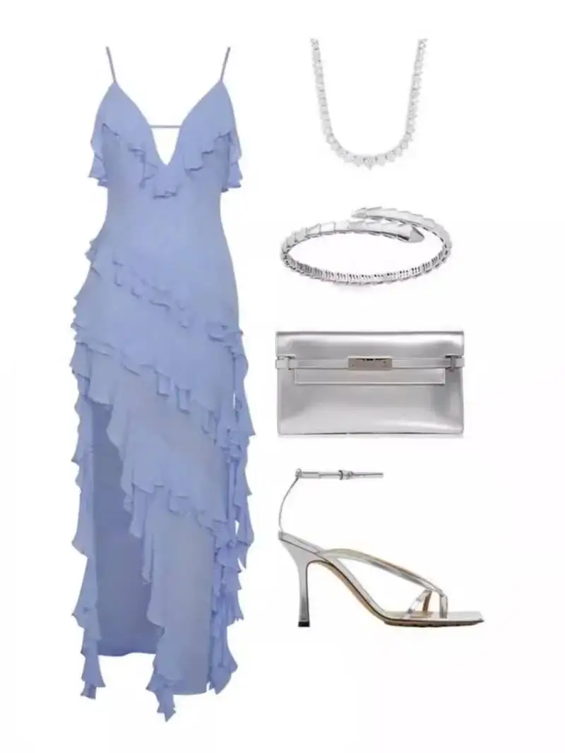 女性不規則なタッセル夏のトレンドスキニースプリットマキシボディコン誕生日パーティークラブウェア Vestidos ブルーエレガントな女性ストラップ CS87