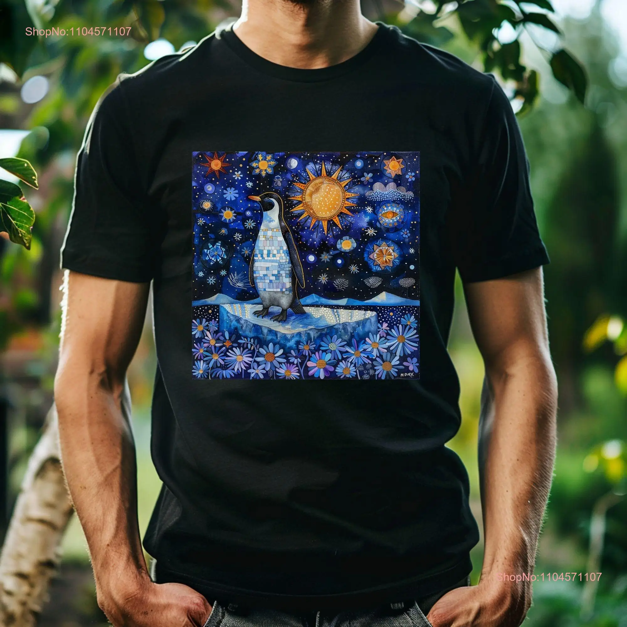 Penguin's Ice Adventure ArT T-shirt Uniek ontwerp Penguin Zon en Maan Draagbaar dier Casual idee lange of korte mouwen