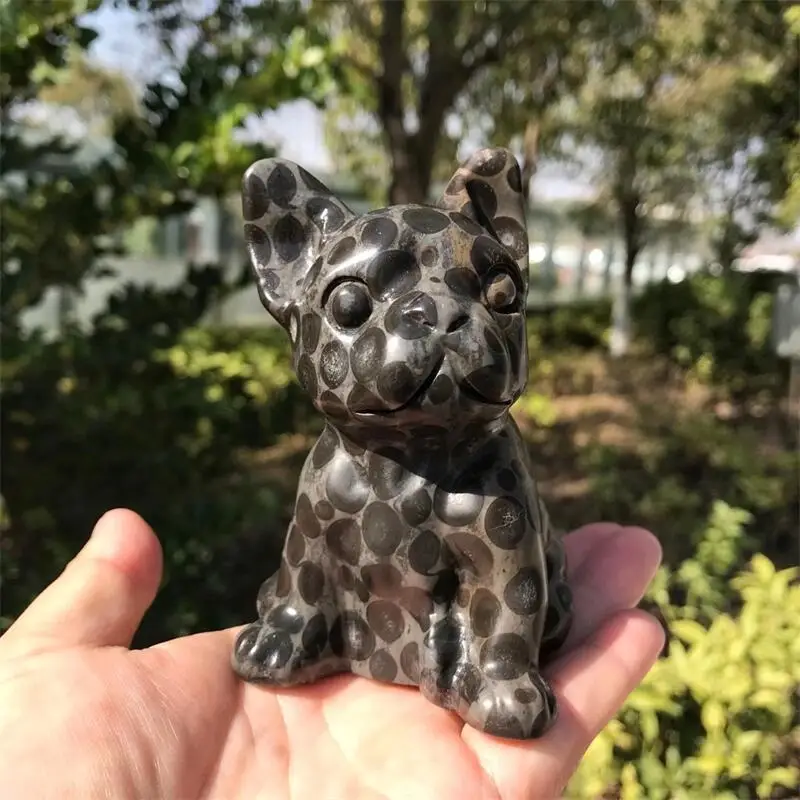 Natural Leopard Skin Jasper Dog Carving French Bulldog Crystal Home Decoration Cute Animal Healing Children Birthday Gift 1PCS