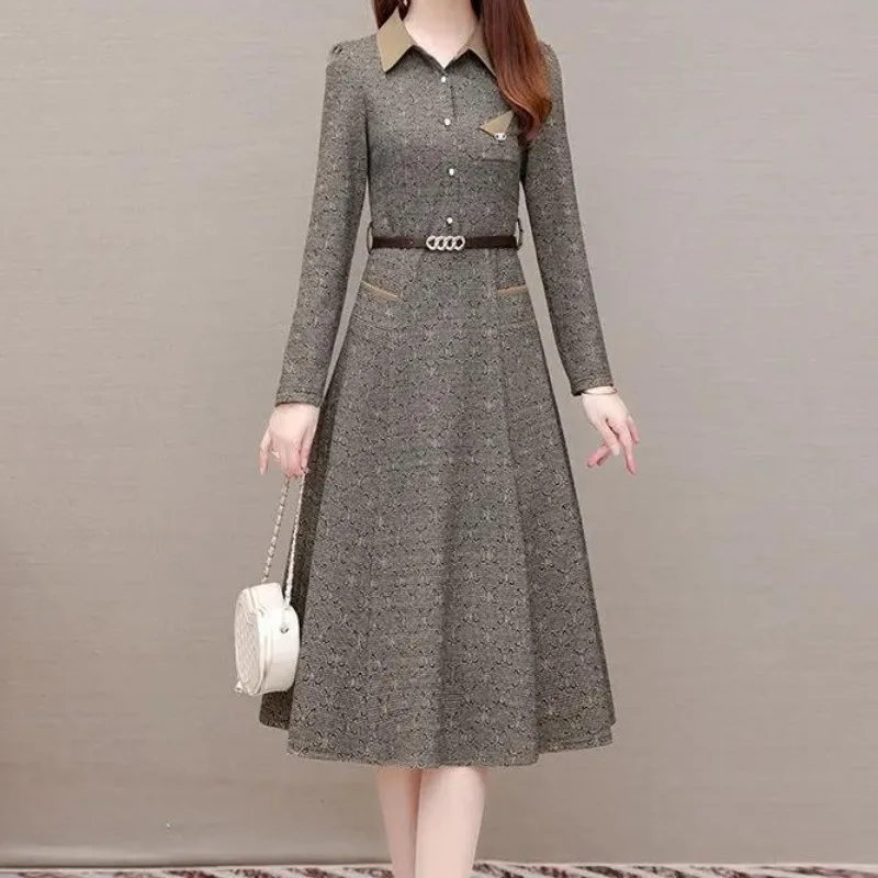 Women\'s Spring Autumn Pullover Turn-down Collar Button Sashes Rivet Pocket Contrast Long Sleeved Fashion Casual Elegant Dress