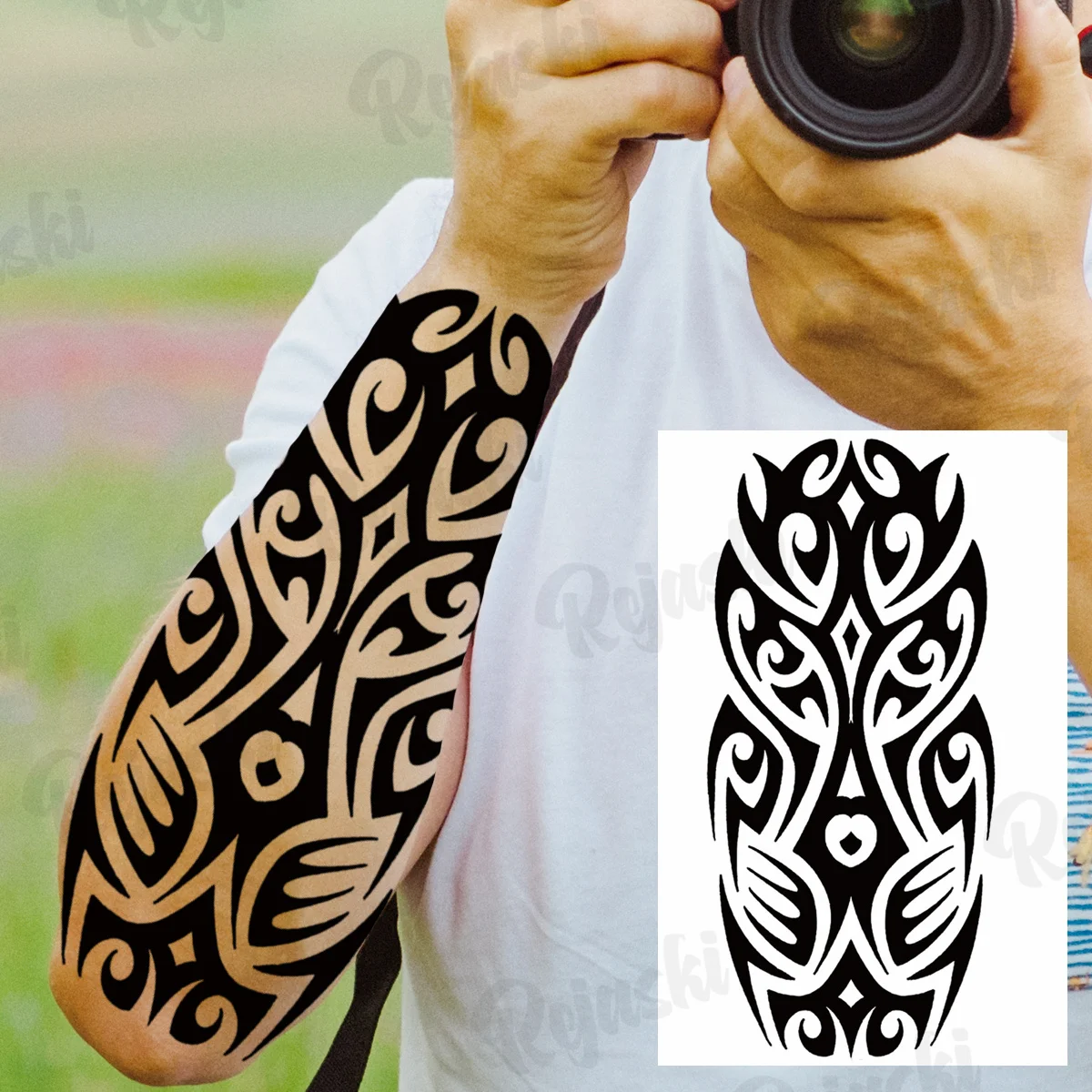 Black Maori Thorns Temporary Tattoos For Men Adults Realistic Totem Compass Rose Flower Eye Fake Tattoo Sticker Arm Leg Tatoos