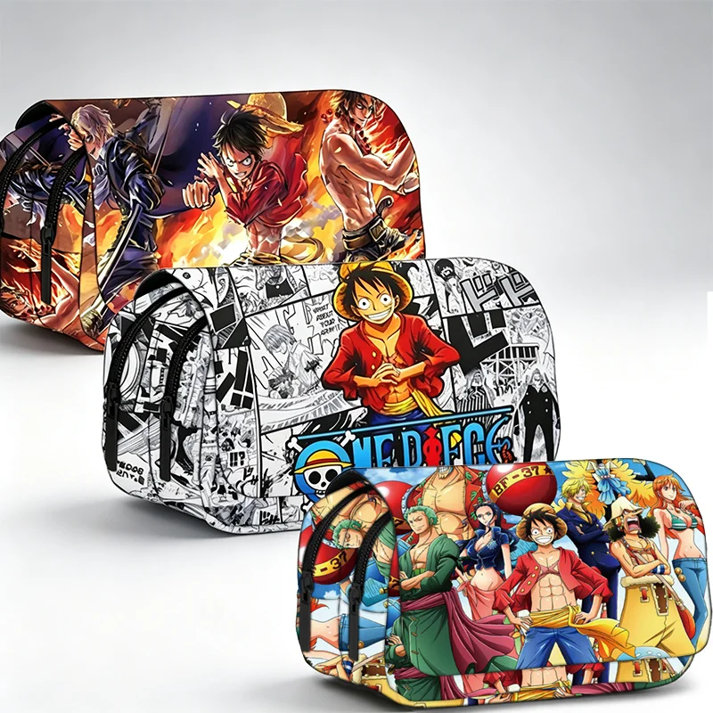 Trousse à crayons double couche grande capacité avec impression Luffy One Piece, boîte à papeterie pour étudiants, sac à crayons pour fournitures scolaires
