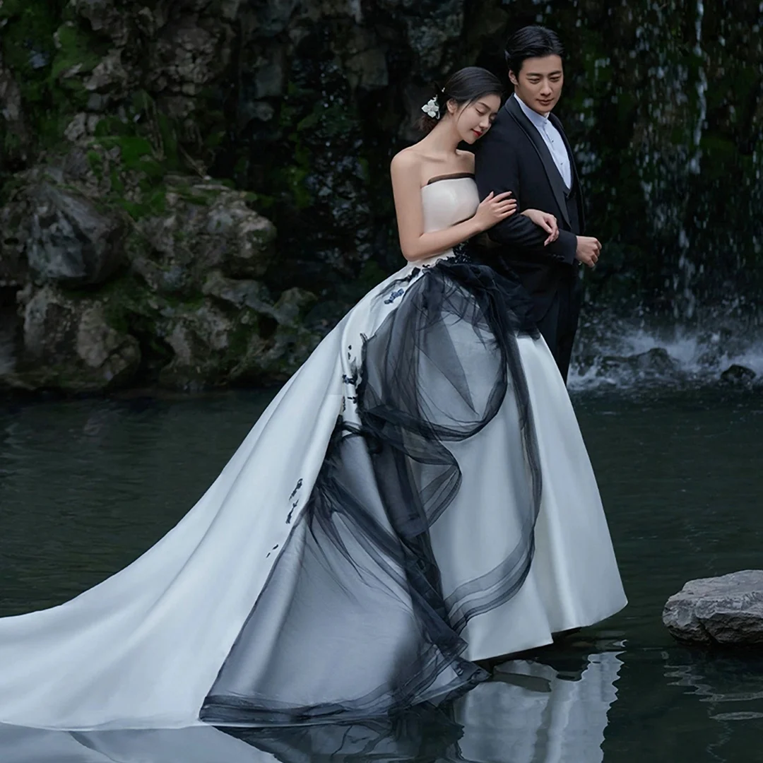 

New Vintage Chinese Watercolor Garden Backless Floor Length Dress Photography Studio Wedding Dress Stage Costume Women