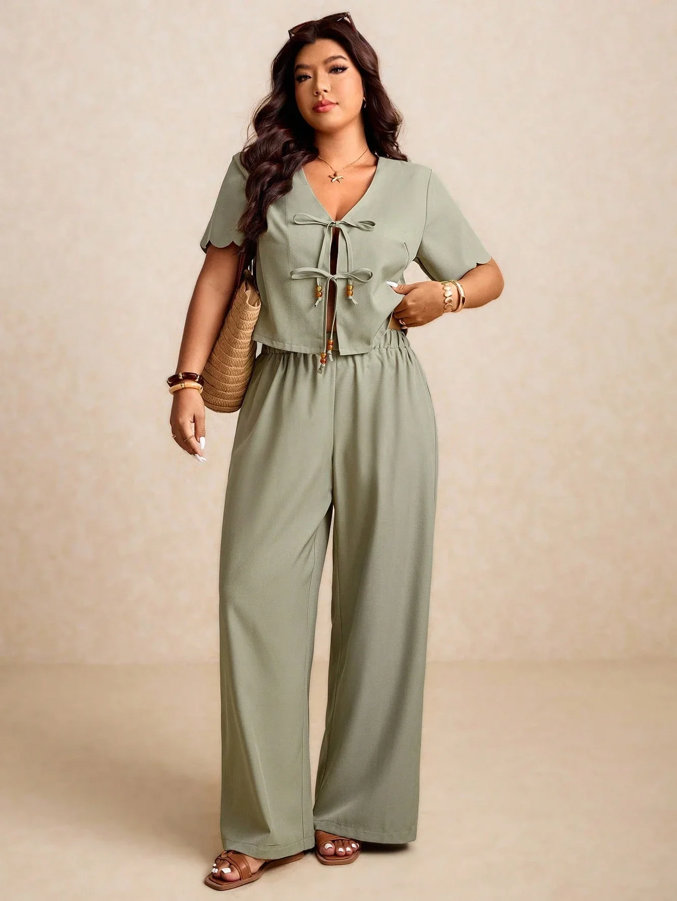 

Plus Size Women Summer Solid Short Sleeve Tie Front Shirt And Wide Leg Pants 2-Piece Casual Outfit
