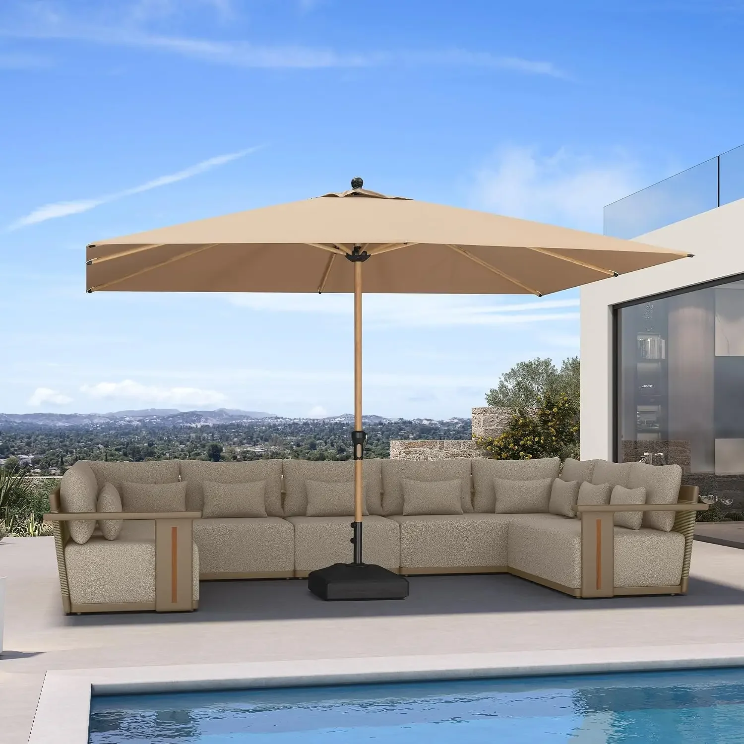 Patio Umbrella with Base 8' x 11.5' Wood-Grain Finish, Taupe | Expanded coverage, Wind stability, 8 reinforced ribs, Long-lastin