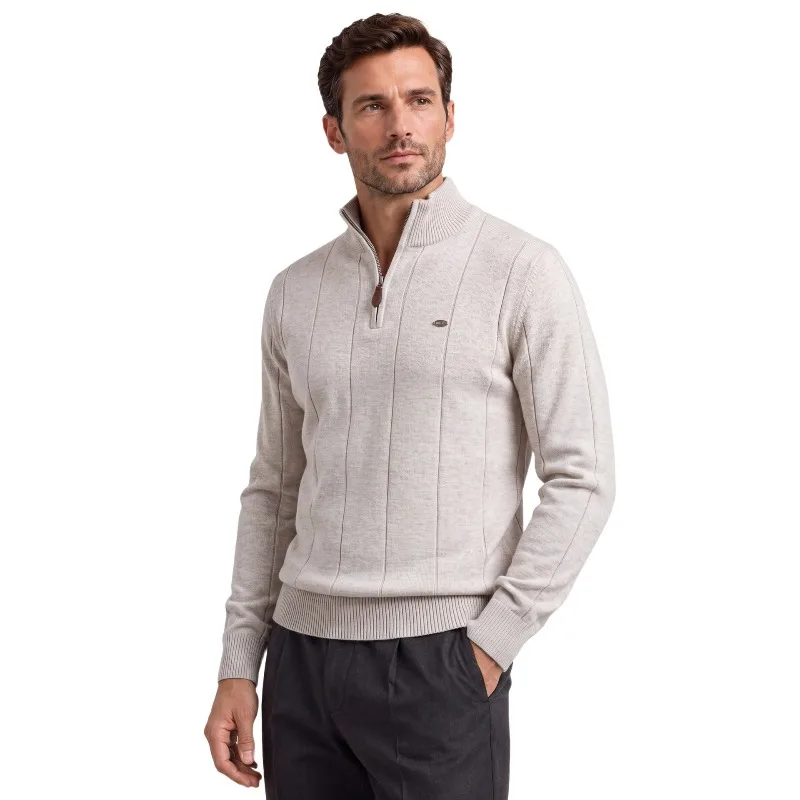Chic Men Zip Stand Collar Sweater Striped Cotton Knit Pullover Warm Soft Long Sleeve Jumper For Autumn Winter Daily Outfit
