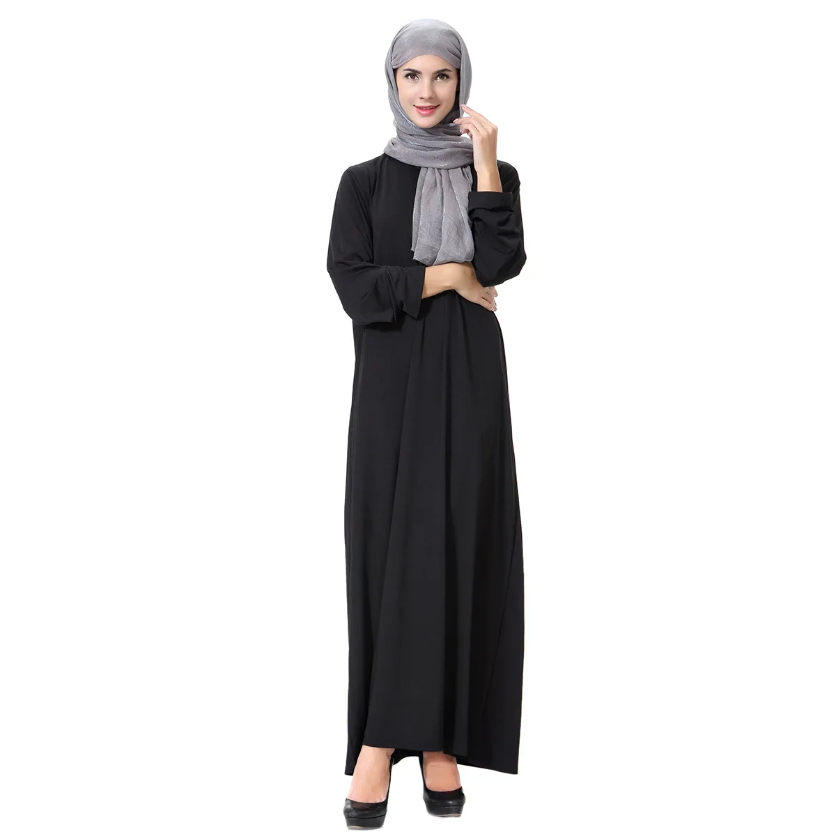 Pure Color Long Dr Overhead Sle for Women Middle Waist Large Hem Swing Skirt Traditional Arab Dr for Autumn Season