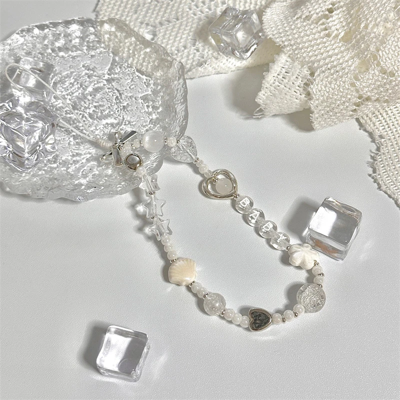 Korean Cute Clear Star White Flower Beaded Phone Chain Charm Lanyard For iPhone 15 CCD Camera Hanging Rope Girl Jewelry Pendant