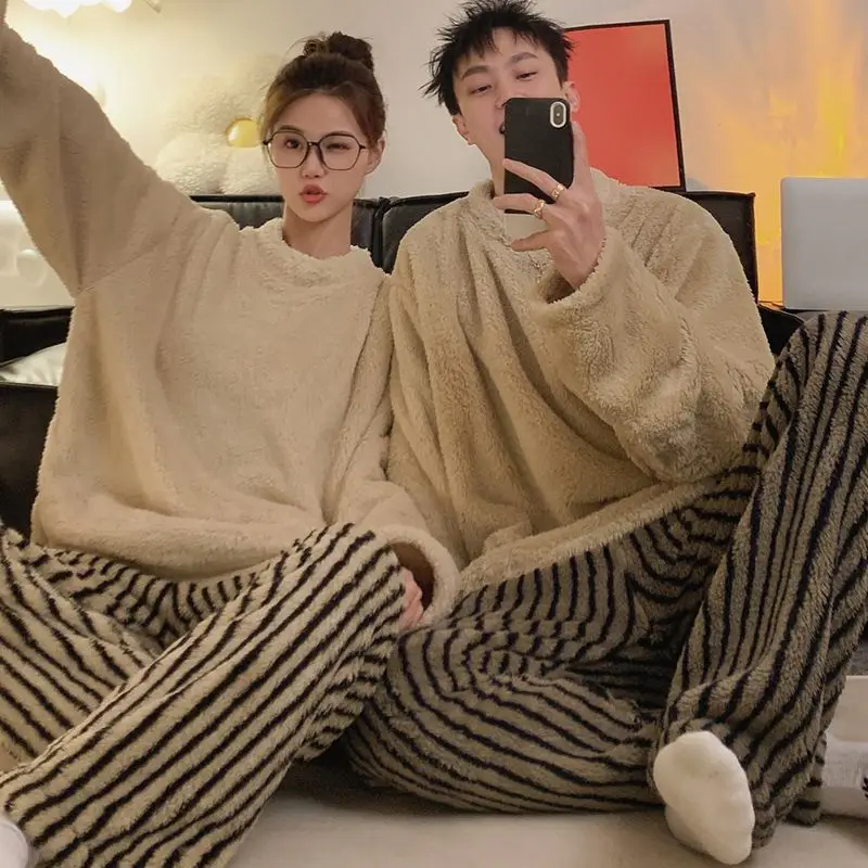 Couple Thicken Casual Sleepwear Suit Women Solid Long Sleeve And Striped Pants Pajamas Set Man 3XL Plus Size Fashion Homewear