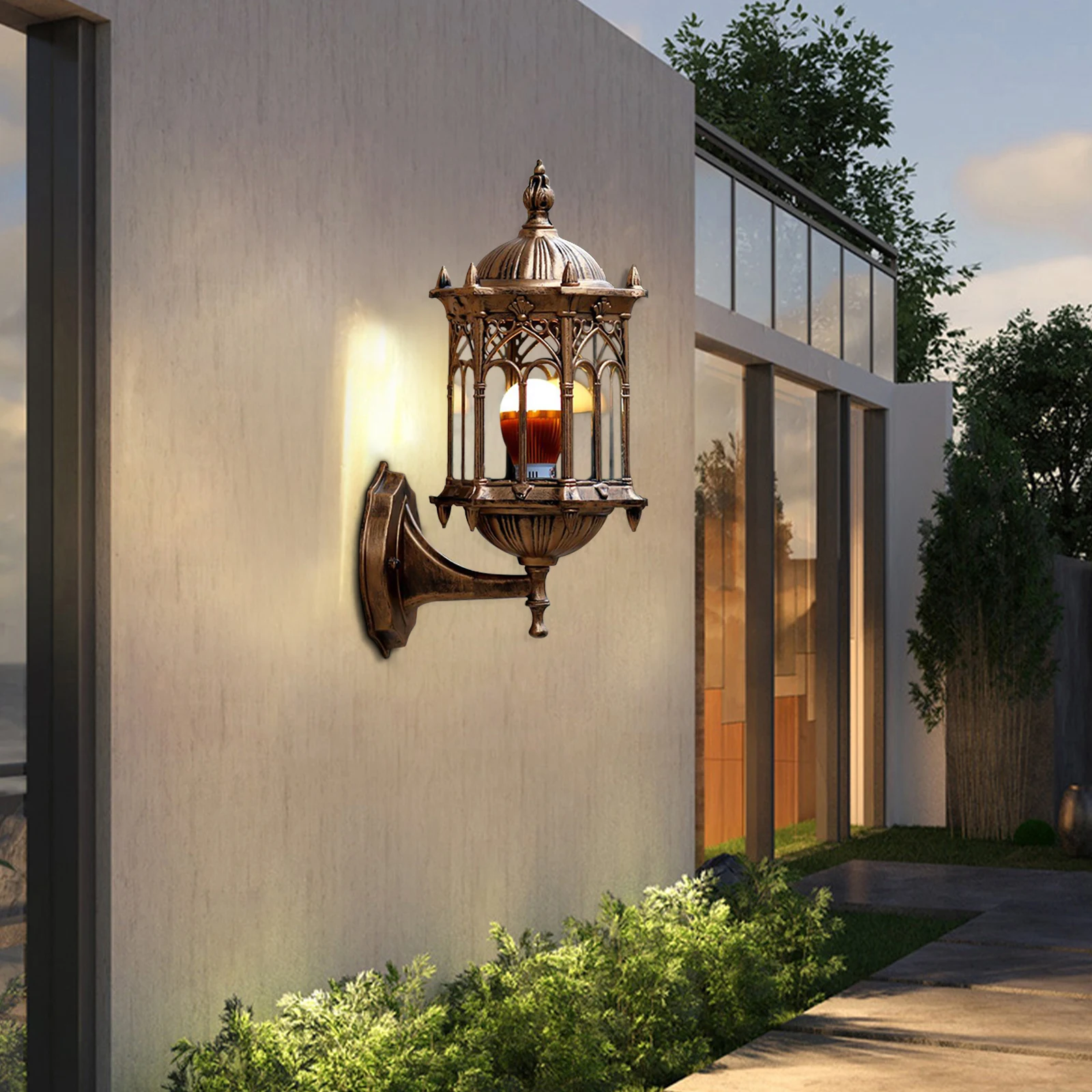 LOYALHEARTDY E27 Vintage Retro Wall Lamp Exterior Wall Light Fixture Antique Brass Lanterns Glass Wall Sconce for Garden Porch