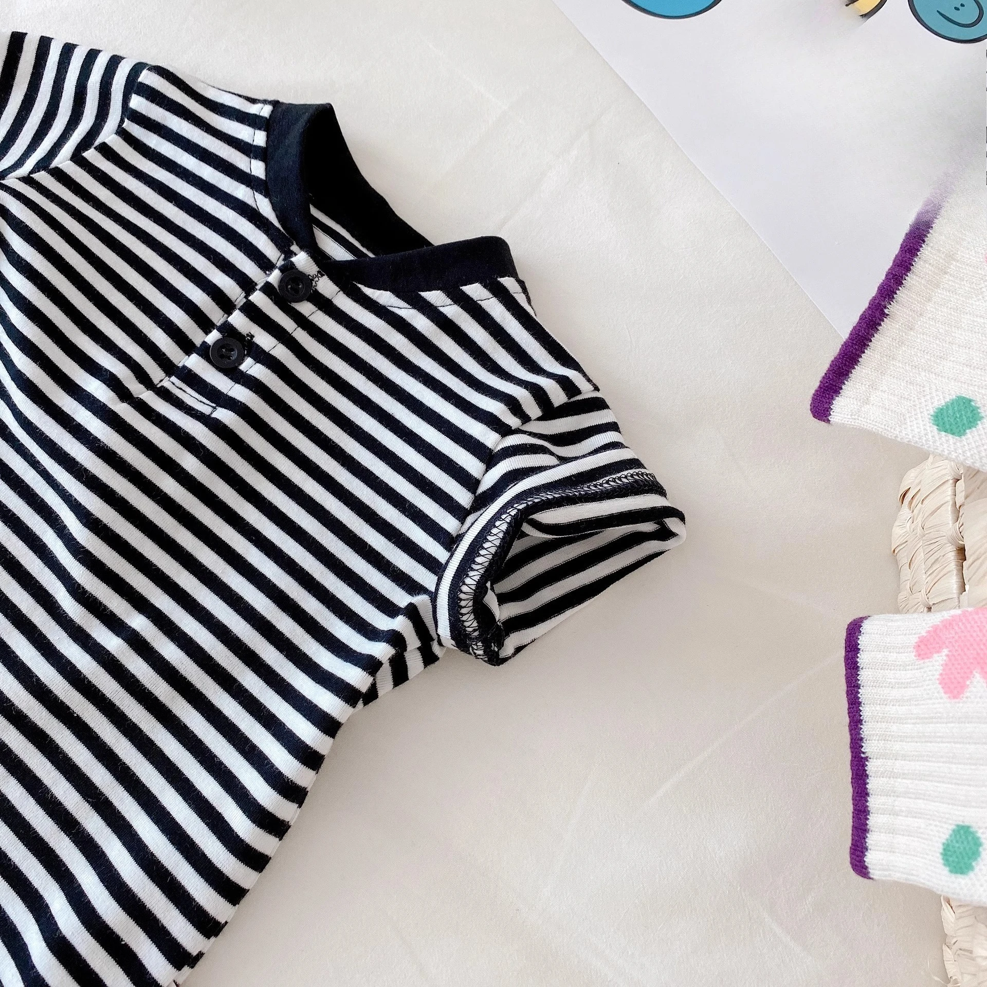 Somenie Unisex Baby Outing Triangular Bodysuit  Boys' Fashion Striped Short-Sleeve Outing Romper Girls' Cute Homewear Onesie