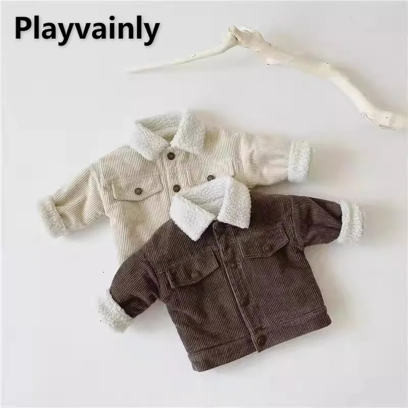 

Детская вельветовая куртка в корейском стиле в стиле ретро, абрикосовая кофейная плюшевая флисовая куртка с отложным воротником, повседневная теплая верхняя одежда для мальчиков и девочек D6917