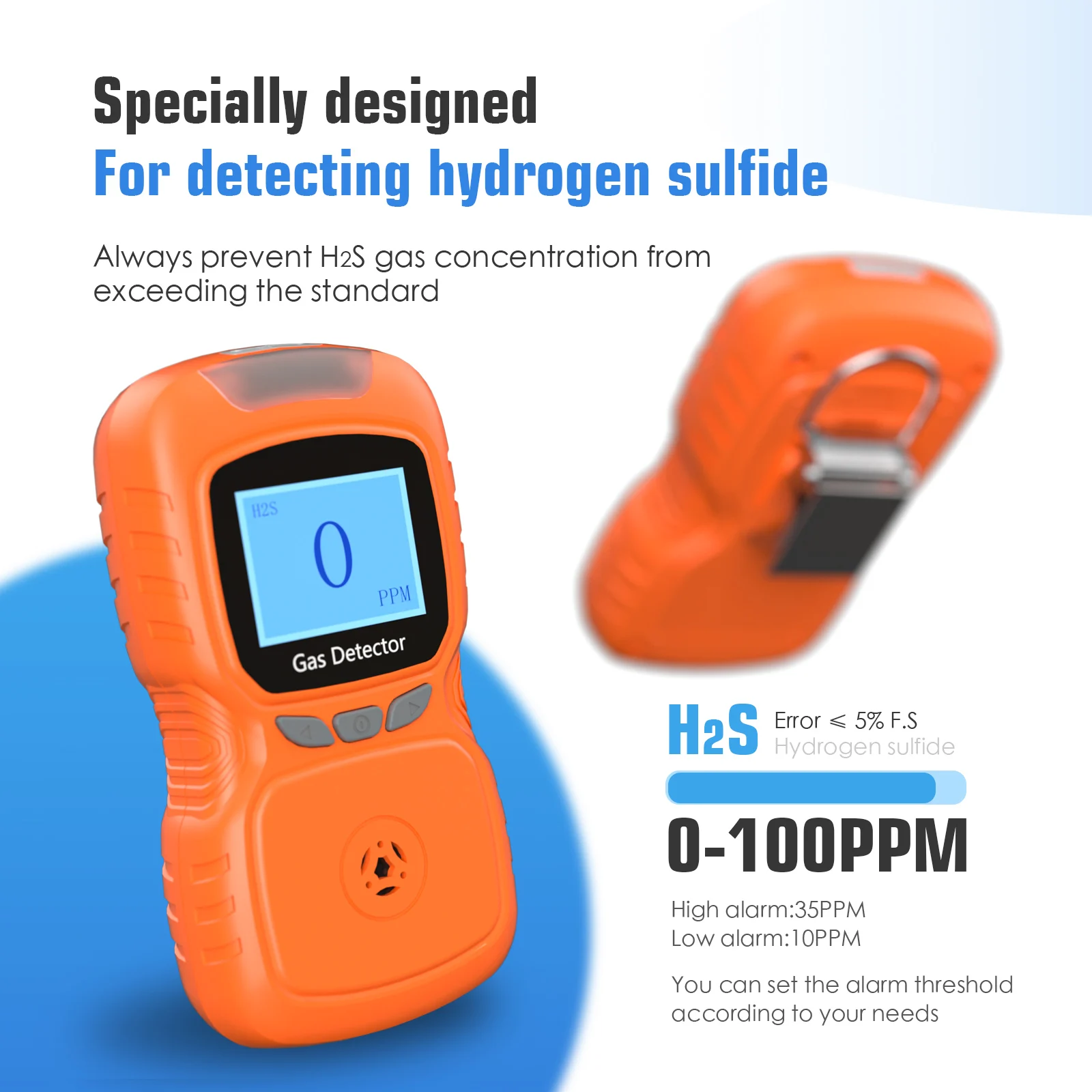 ガス分析計、H2S 硫化水素センサー、H2S デジタルディスプレイ、音声付きクリップオン H2S 検出器、振動、赤色警告灯、スーツ