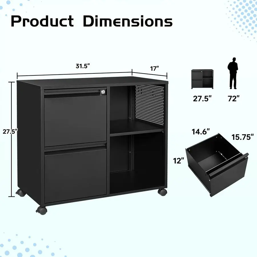 2 Drawer File Cabinet on Wheels, Metal Filing Cabinets with Shelf, Home Office Mobile File Cabinet with Lock, Printer Stand Stor