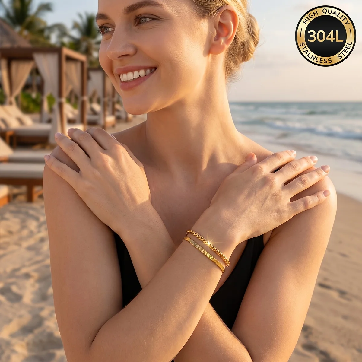 2Pcs Women's 18K Gold-Plated 304L Stainless Steel Bracelet, Waterproof and Fade-Resistant Women's Jewelry, Fashionable and Elegant Women's Accessories, Perfect for Daily Wear, Parties, and Holiday Gifts