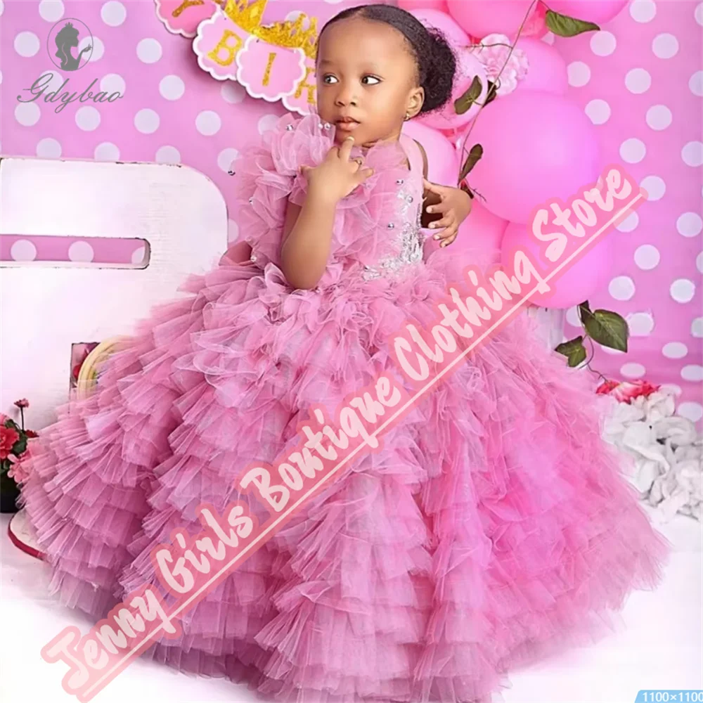 

Flower Girl Dresses Pink for Wedding Bow Lace Ruffles Crystal Birthday Party First Communion Gowns Customized