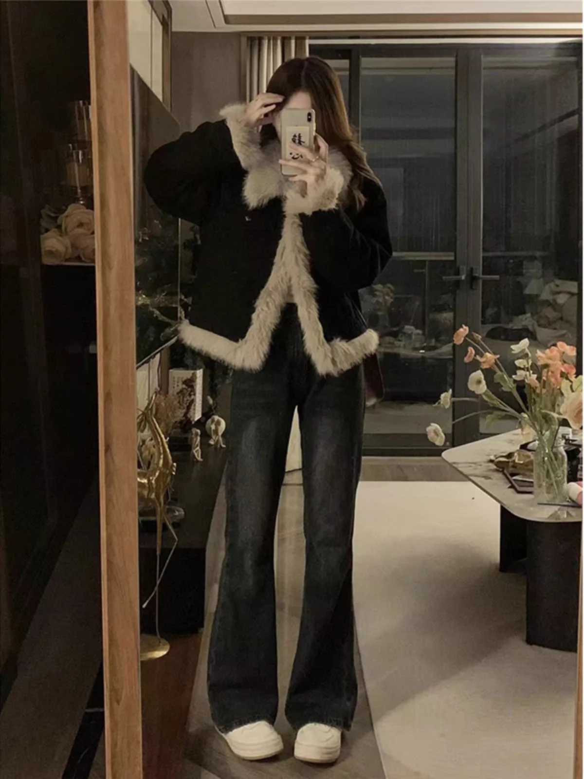 

Tweed Jacket Embellished Button Women Womens Winter Cashmere Korean Style Removable Glamour Flower Stand-Collar Soft Petite Lady