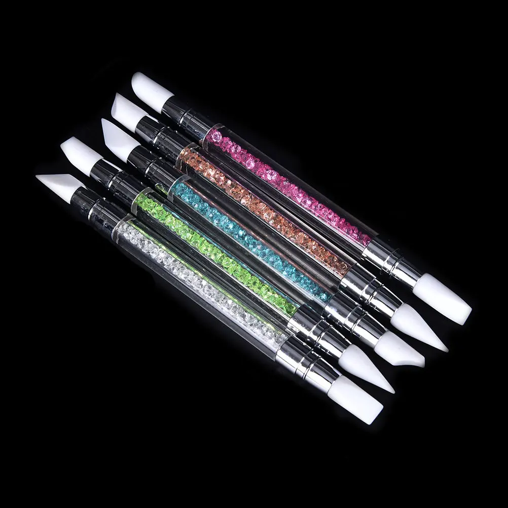 Nail Art Carving Pen Dual Head Silicone Head Acrylic Handle Crystal Rhinestone Sculpture Tool for Fine Nail Patterns