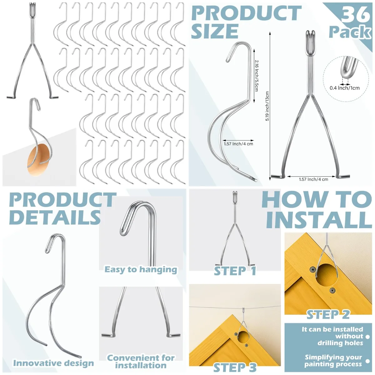 

36 Pack Metal Cabinet Door Hangers, No-Drill Painting Hooks for Tools, 5.12 x 2.36 x 1.57 Inch