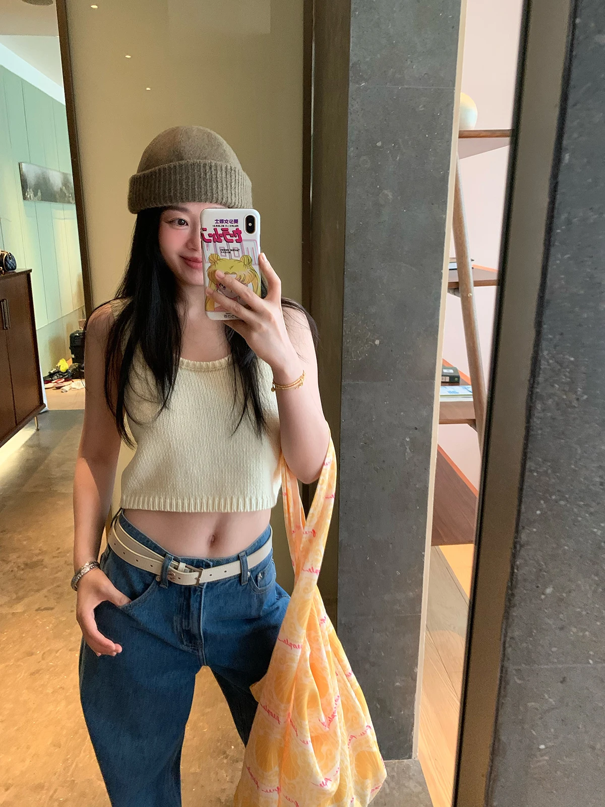 

Вязаный топ-майка из чистого хлопка с круглым вырезом и бретелями, вязаный из шерсти Nanca, для повседневной носки, в стиле Small Love Layered Corn Cheese Pure Cotton