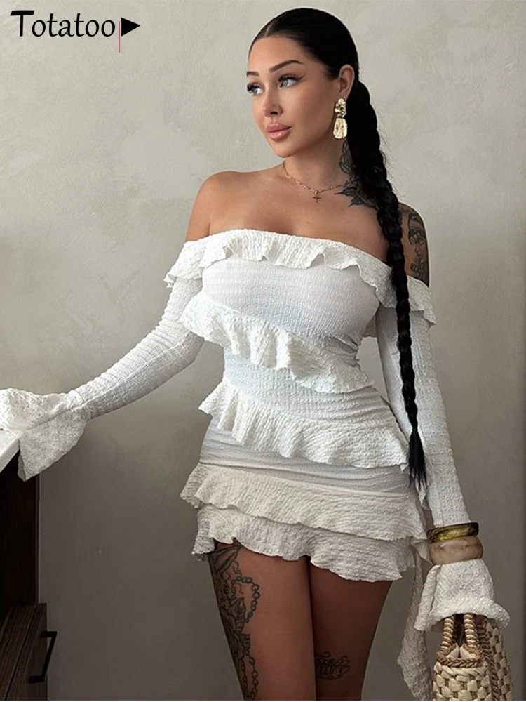 Totatoop Off Shoulder Flare Long Sleeve Ruffles Dress For Women 2024 Summer Autumn Sheer Bandage Mini Dress Elegant Robe