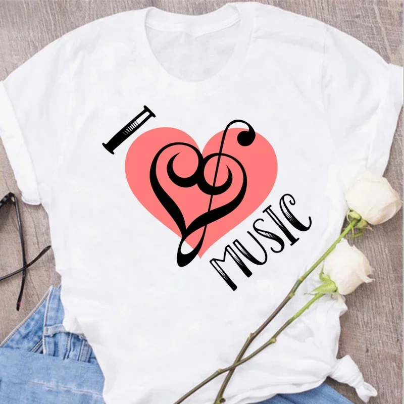 Nueva camiseta Harajuku divertida con notas musicales artísticas, camiseta a la moda para mujer, camisetas de música, camiseta de manga de talla grande, camiseta informal para mujer Y2K