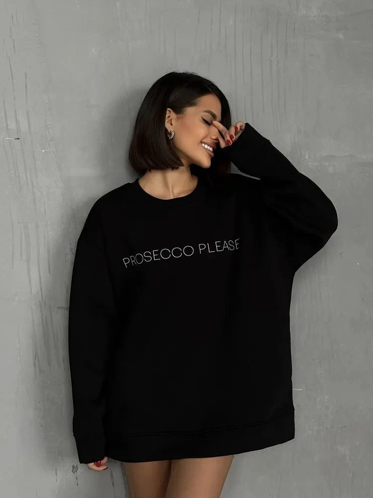 سترة كاجوال فضفاضة مستديرة Ne Long Sve مطبوعة بأحرف Faionable جديدة مريحة ملابس الشارع الشهير للسيدات