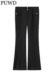 PUWD Vintage Women Striped Flared Pants 2023 Autumn Fashion Ladies Pocket Button Pockets Trousers Elegant Women Chic Long Pant