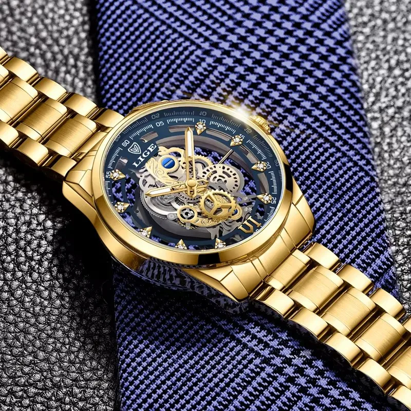 LIGE Мужские часы Скелет Кварцевые наручные часы Золотой скелет Мужские часы Лучший бренд Роскошные часы Мужские часы Relojs Hombre + коробка