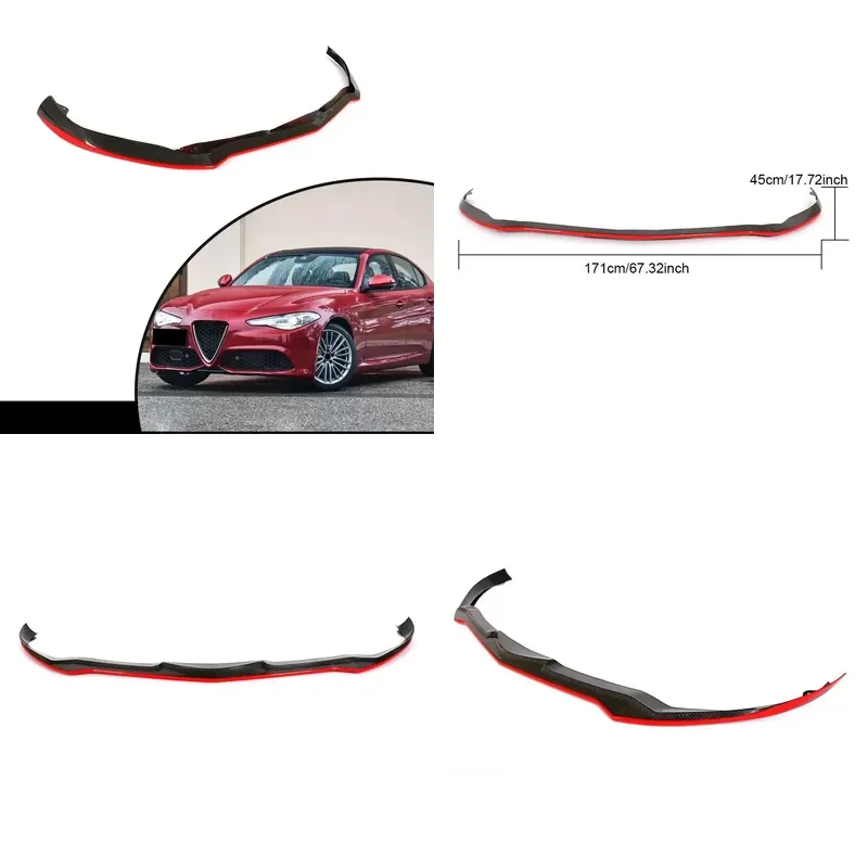 for Alfa Romeo Giulia Sport Sedan 4 Door 2016-2018 Carbon Fiber Front Bumper Spoiler Lip Black with Red Edge