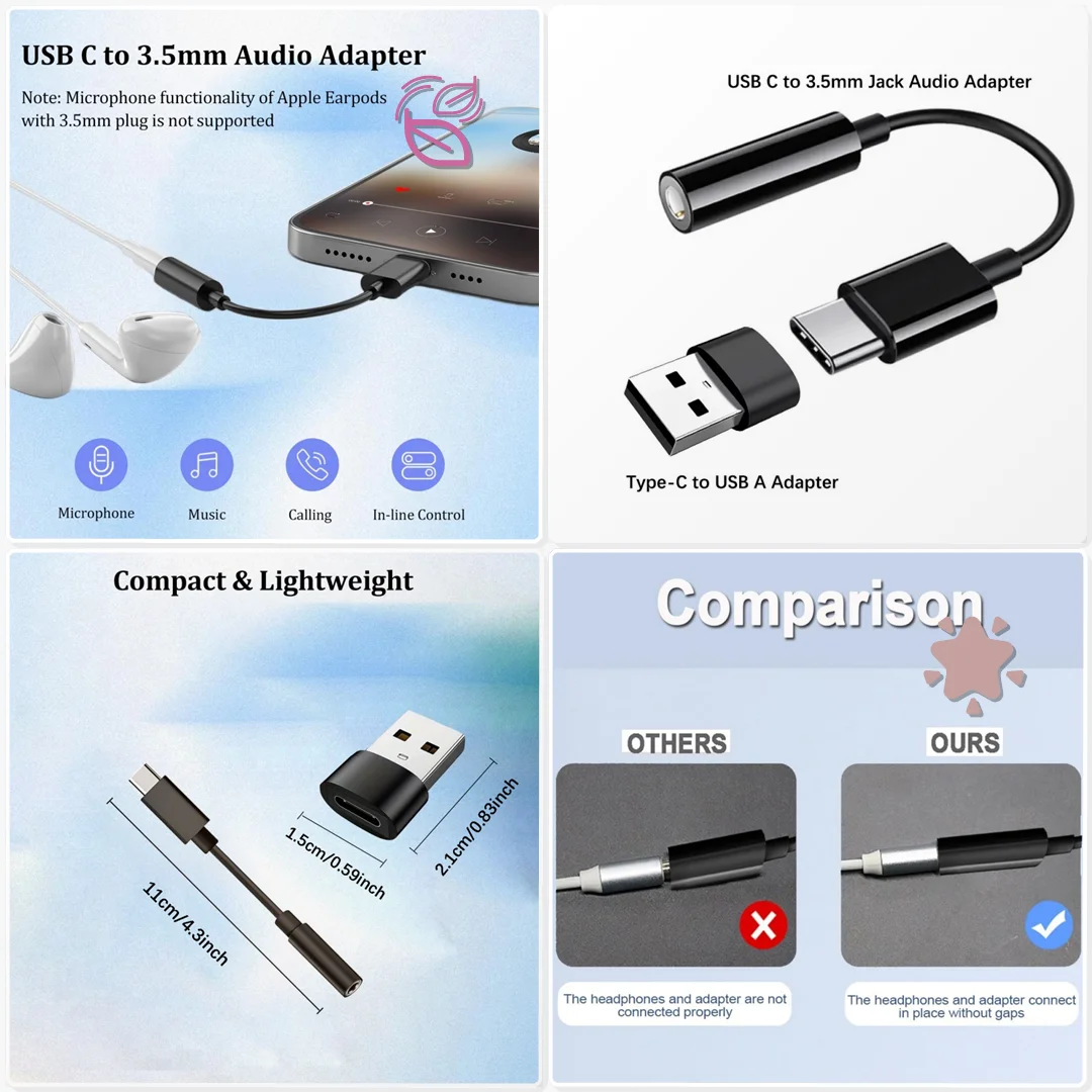 USB C to 3.5mm Audio Adapter External Sound Card USB A Type C Laptop Desktop Headset Video Conference Audio