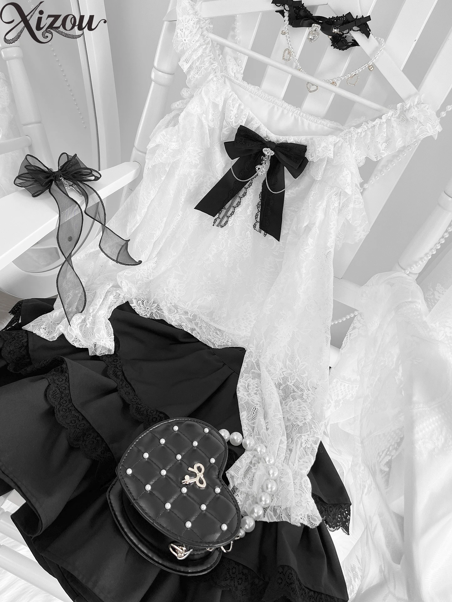 

2025 Japanese Women Top Two-piece Set Summer Mine Lace Bow Off-Shoulder Shirt Cake Skirt Sweet Cute Lolita Zipper Outfits