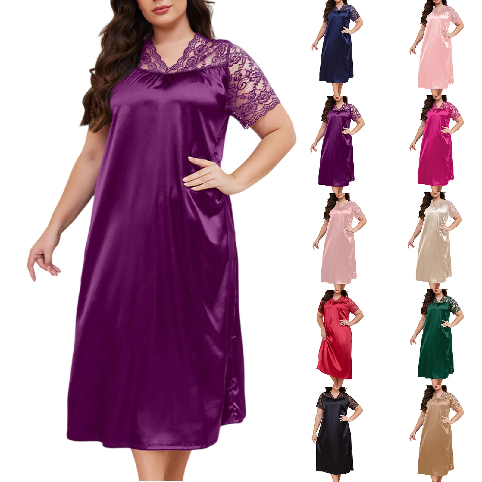 

Women Comfortable Coolness Nightgown Female Loose Stretchy Lace Sleeve Pajama Lady Elegant Temperament Home Lounge Sleepwear