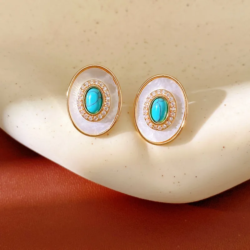 

Oval Mother-of-Pearl Turquoise Earrings Light Luxury Zircon For Women Versatile Commute Dating Jewelry