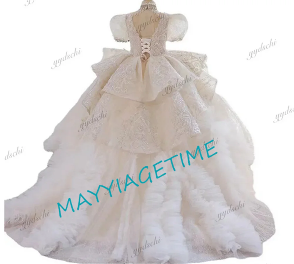 Pérolas brilhantes frisadas vestidos florais para meninas, apliques brilhantes lantejoulas, mangas princesa Puff, vestidos de primeira comunhão, casamento, luxo