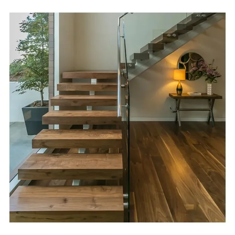 التصميم الحديث الطابق الثاني درابزين الدرج الداخلي من الخشب الصلب أضواء الخطوة أحادية سترينجر درابزين معدني #3