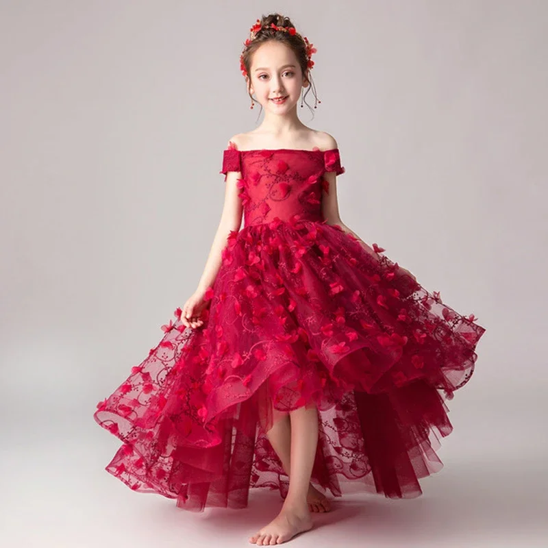 Girl Dresses for Very Elegant Party Off Shoulder High-low Kids Formal Prom Flower Girls Dresses Chikdren Tutu Princess Christmas