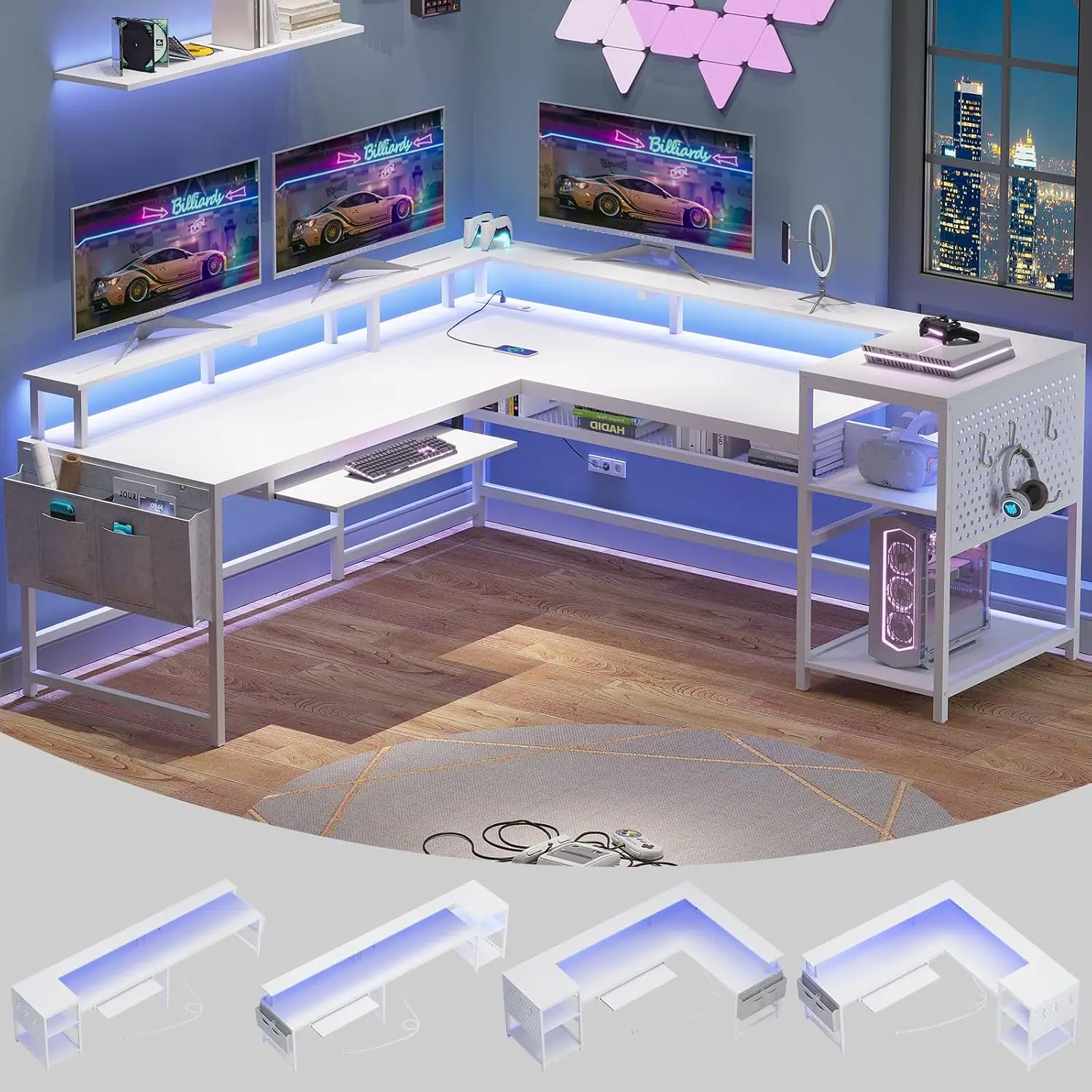 L Shaped Gaming Desk With Power Outlets & LED Strip, Monitor Shelf, Keyboard Tray, Pegboard & Storage Shelves, White, Customized