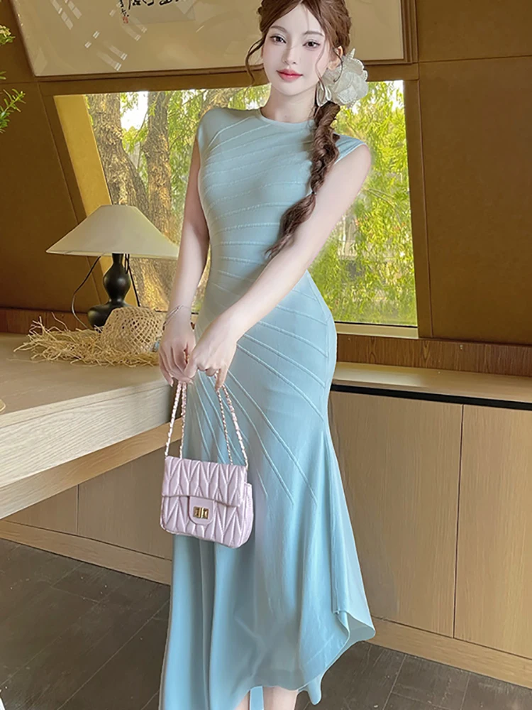 

2026 Blue Knitted Striped Chic Ruffled Long Dress Women Elegant Casaul Sleeveless Dress Summer Korean Bodycon Festival Vestidos