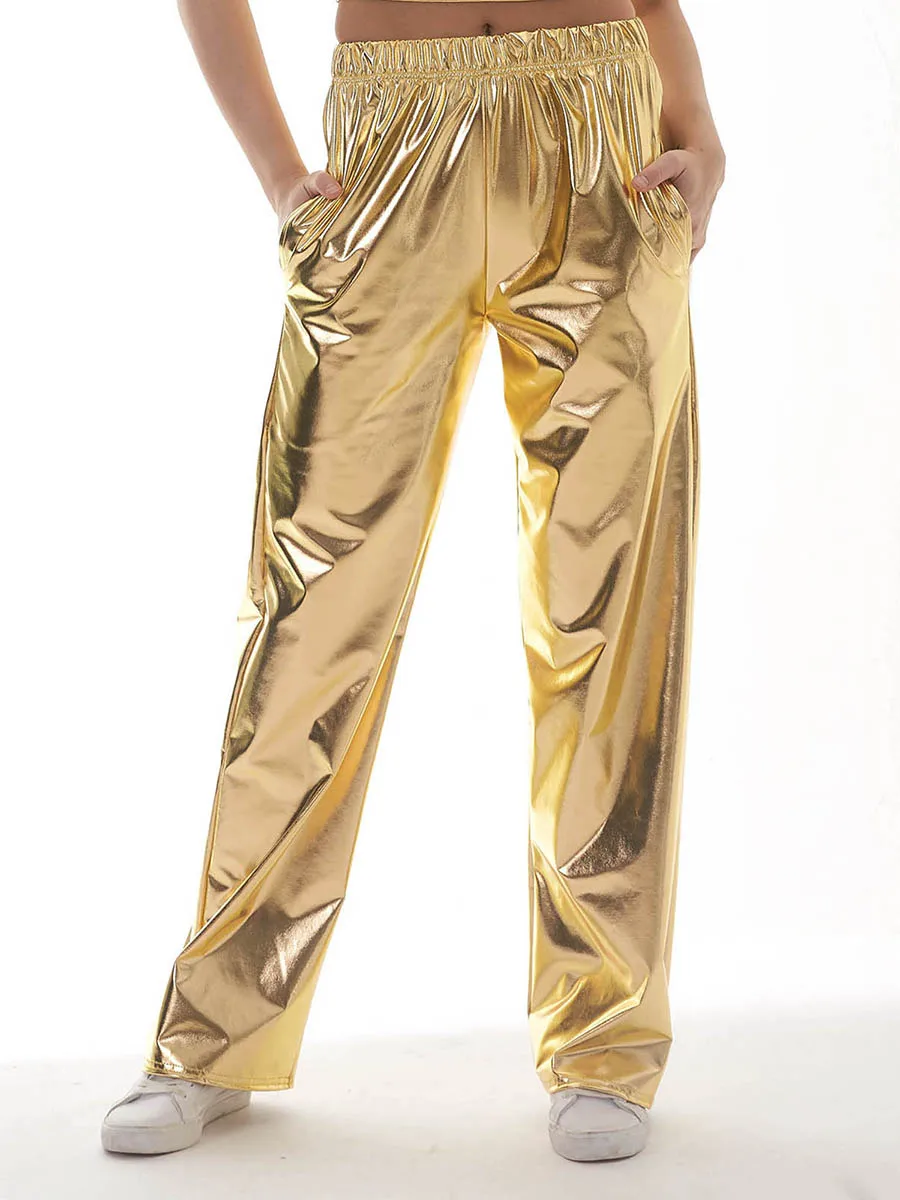 Women's Metallic Pants with Elastic Waist Solid Color Loose Pants Casual Trendy Grunge Streetwear with Pockets