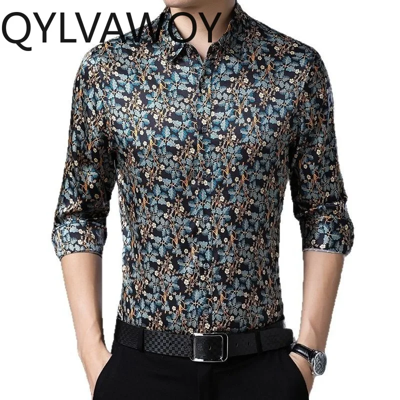 

QYLVAWOY New Men's Shirts Printed Long Sleeve Shirt 92.5% Mulberry Silk Shirts for Man Premium Tops Spring Autumn Chemise Hommes