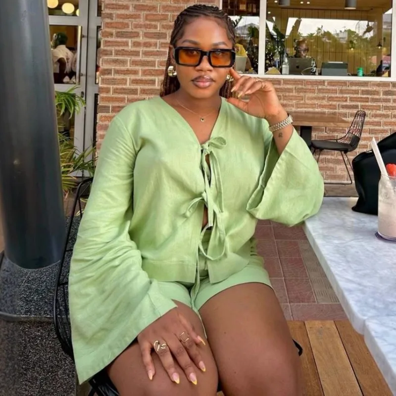 Plus Size African Women Two Piece Outfit V Neck Tie Front Blouse High Waist Shorts Set Casual Solid Ladies Fashion Matching Suit