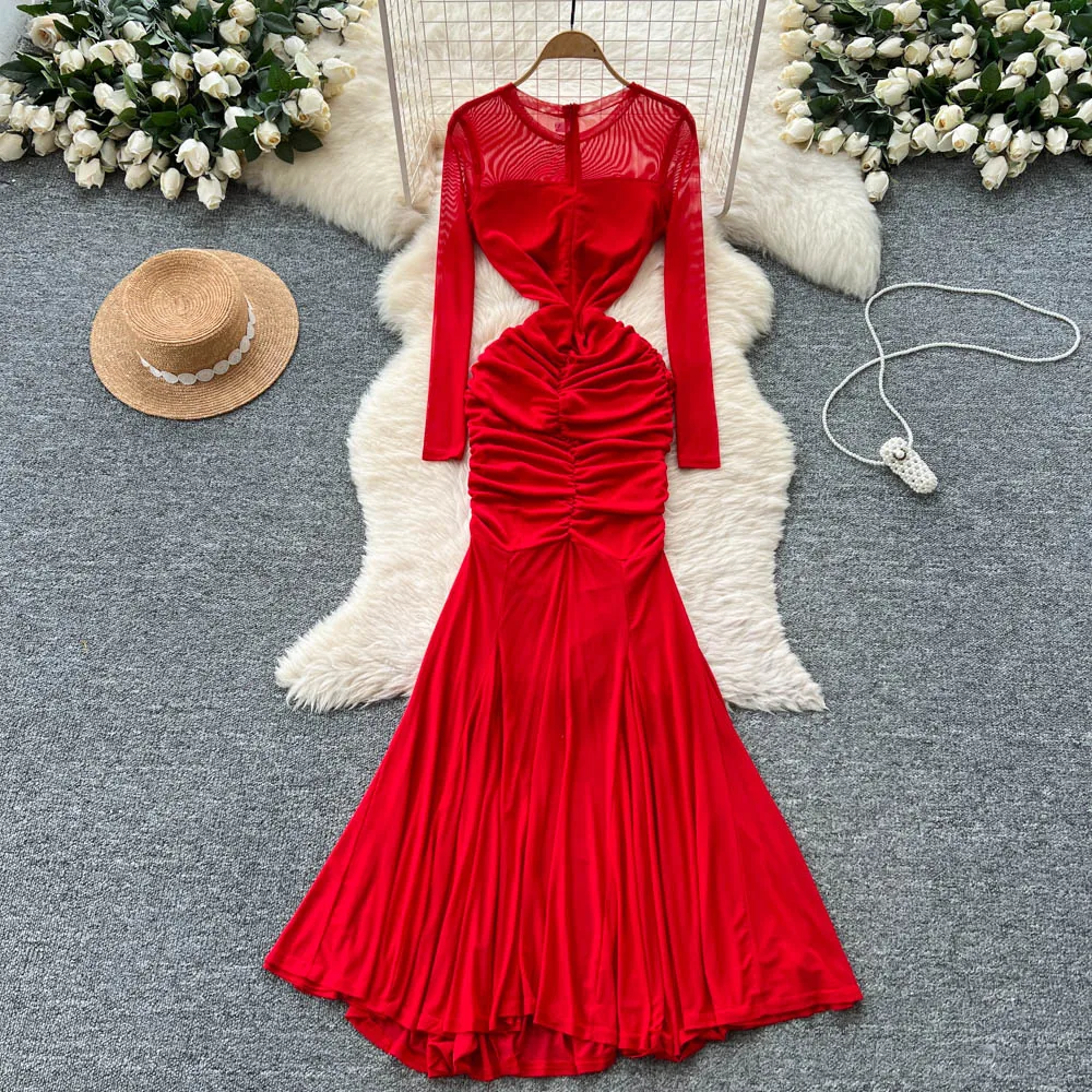 ชุดเดรสทรงเมอร์เมดแขนยาวคอโอวินเทจเก๋ไก๋สไตล์เกาหลีสำหรับผู้หญิง แฟชั่นฤดูใบไม้ร่วง เหมาะสำหรับงานพิธี